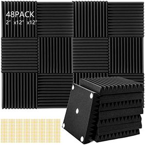 48Pack,2"X12"X12"Acoustic Foam, Sound proof foam panels,Acoustic panels with high den-sity, Sound proofing padding for wall, Wedge Studio,Soundproof foam reduce noise(Black).