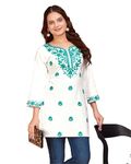 Dharm House Chikankari Embroidery Short Kurti for Women (Large, White-Blue)