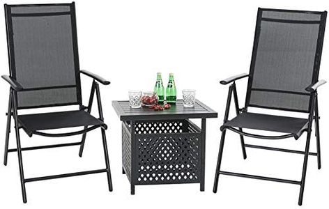 PHI VILLA 3 pcs Patio Bistro Set with 1.57" Umbrella Hole, Outdoor Bistro Furniture Set with 2 Reclining Folding Sling Chair & 1 Metal Umbrella Side Table