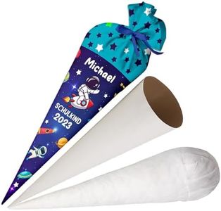 Ferocity School Cone Bag Dino Cosmos con Nombre para Niños, Bolsa Personalizada, Bolsa de Azúcar de Tela de 70 cm con Cartón Redondo en Blanco y Relleno, Bolsa Grande como Almohada [149]