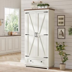 LUXOAK Farmhouse Kitchen Pantry Cabinet, 72" Tall Storage Cabinet with Adjustable Shelves & Barn Doors, Freestanding Kitchen Cupboard for Dining Room, Living Room, Barnwood+White