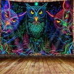 JAWO Psychedelic Owl Tapestry, Trippy Forest Line Art Tapestry Wall Hanging for Bedroom, Moon Animal Bird Blacklight Tapestry Home Decor (60" W X 40" H)