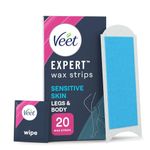 Veet Expert Cold Wax Strips, Hair Removal, Legs & Body, Sensitive Skin, 20 Strips each, 2 Finish Wipes