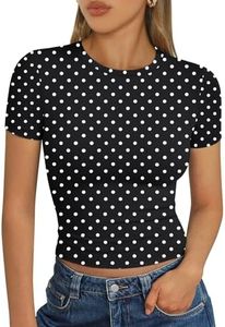Trendy Queen Womens Short Sleeve T Shirts Summer 2026 Crop Tops Basic Slim Fit Gym Workout Y2k Clothes Black Dots XL