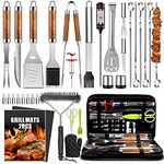 34Pcs BBQ Grill Accessories Tools Set, Stainless Steel Grilling Tools with Carry Bag, Thermometer, Grill Mats for Camping/Backyard Barbecue, Grill Tools Set for Men Women (BBQ Set(Brown))