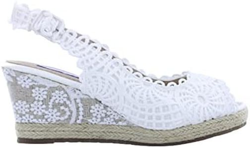 LARES Alpargatas novia blancas Sandalias con cuña esparto de mujer con encaje blanco y desdos descubiertos. Talla: 39