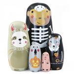 Set of 5 Halloween Animal Nesting Dolls Monkey Raccoon Wolf Otter Pig with Skull Devil Pumpkin Wooden Russian Nesting Doll Matryoshka Kid Stacking Toy Dolls for Home Haunted House Decoration