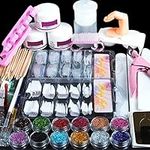 Acrylic Nail Kit with Everything for Beginners Clear Pink White Acrylic Powder with False Nail Tips Glitter Decorations All-In-One Acrylic Nail Set for Nails Extension Starters DIY Gift for Women