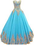 BessDress Gold Lace Appplique Quinceanera Dresses Long Sleeves Prom Ball Gown BD389, Pool Style 2, 12