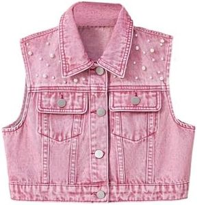 SweatyRocks Girl's Denim Vest Button Down Sleeveless Jean Jacket Outerwear with Pockets Light Pink 12Y