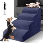 ZNM Pet Stairs, 4 Tiers High Density Pet Foam Steps, Non-Slip Dog Step for High Bed and Sofa with 1 Lint Roller, Extra Wide Deep Dog Ladder/Ramp for Older Dogs, Cats Up to 50 lbs, Blue