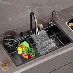 Qimage 30x18x9 INCH, Kitchen Sink With In-build Pull-Down Faucet and Waterfall Mode, 2 Baskets and Cutting Board, Black (30x18x9 inch, Nano Coating)