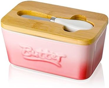 Porcelain Butter Dish with Butter Knife & Wooden Lid, Candiicap Airtight Butter Keeper for Countertop & Home Kitchen Decor, Large Butter Holder for All Types of Butter(Sakura Pink)