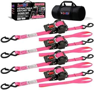 Retractable Ratchet Straps 1" x 13Ft, Heavy Duty Self Retracting Tie Down Straps, 1800lb Break Strength Auto Retract Cargo Straps for Truck, Trailer, Motorcycle, ATV, UTV, (Pink, 4 Pack)