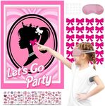 ZCOINS Pin The Bow on The Girls Head Game, Pink Poster with 24Pcs Reusable Bow Stickers and 8Pcs Princess Stickers Set for Kids Girls Birthday Activity Party Supplies Wall Decorations