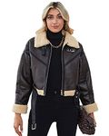 LY VAREY LIN Winter Women Faux Lamb Fur Leather Short Jacket Lapel Zipper Bomber Aviator Coat, 8037brown, Large