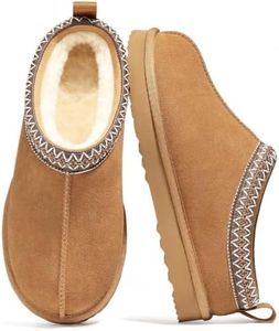 bebealy Genuine Suede Fuzzy Slippers for Women Winter Warm House Shoes Cozy Mini Boots for Indoor Outdoor, Chestnut 36