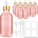 Bumobum Pink Dropper Bottles 4oz, Pink Glass Eye Dropper Bottle for Essential Oils Hair Oils with Labels and Funnels, 12 Pack Tincture Bottles with Golden Top (Plastic Dropper with Measurements)