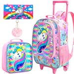 Rolling Backpack for Girls, Roller Wheels Kids Bookbag - Wheeled Suitcase Elementary Sequin School Bag - 3PCS Unicorn