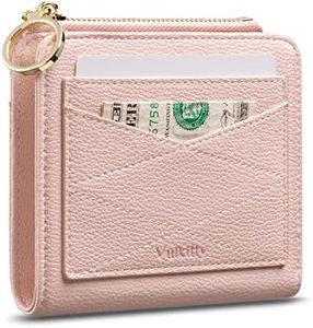 Vulkitty Leather Wallet for Woman RFID Blocking Bifold Small Compact Wallets Zipper Pocket Purse Large Capacity Card Hold Case with ID Window (Pale Pink)