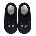 Black Cat Slipper Socks for Women Winter Super Soft Knit Cozy Non-Slip Fleece-Lined House Bedroom Socks-Cat Gifts for Lady (Black, L, large)