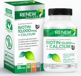 Renew Actives Biotin & Calcium 10000mcg Supplements - Promotes Bone & Teeth Health - Hair, Nail & Skin Care - Prevents Biotin Deficiency - 120 Capsules