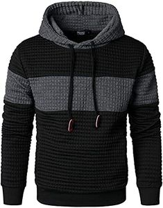 HOOD CREW Men’s Long Sleeved Plaid Hooded Sweatshirts Patchwork Color Pullover Hoodies with Drawstring Darkgrey XL