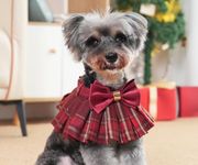 Lovelyshop pet Serial Lux Orange Red Tartan Dog/Cat Scarf with Burgundy Big Bowtie for Chirstmas Festive Holiday Pet Costume-Medium Size