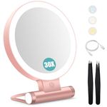 B Beauty Planet Magnifying Mirror with Light 30X, Double-Sided 1X/ 30X Magnifying Makeup Mirror with Tweezer,2000mAh 3 Color Modes with Adjustable Brightness, Foldable Compact Travel mirror(rosegold)