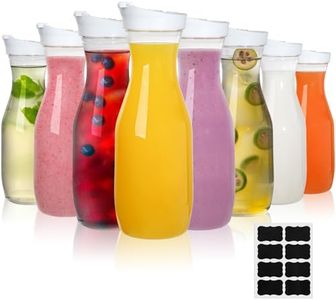 Lawei 8 Pack 34 Oz Plastic Water Carafe, 1 Liter Clear Beverage Carafe with Flip Top Lid, Narrow Neck Drink Container Pitcher for Juice, Water, Ice Tea, Milk, Lemonade and Mimosa Bar