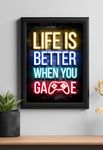 Master Flame Gaming Quotes Aesthetic Wall Art Poster for Living Room, Home & Wall Decor Frame/Frameless | Xbox Playstation Controller Neon Motivational (Gaming Life GP20, A4 FRAMED)