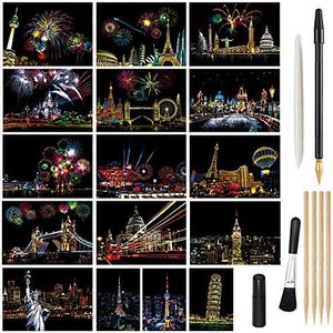 Magic Scratch Art Paper, Mini Envelope Postcard, Rainbow Night View Scratchboard for Adults and Kids, Art & Crafts Set : 16 Sheets Scratch Cards & 8 Tools Drawing Pen, Brush (Travel Around The World)