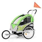 HAZARA Parent child bike trailer foldable double baby baby stroller 2 in 1 outdoor waterproof bike riding trailer pram easy to manoeuvre-green