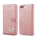 QLTYPRI Wallet Case for iPhone 6 Plus 6S Plus, Glitter PU Leather Case TPU Bumper Card Holder Kickstand [Wrist Strap] [Inlaid Heart Diamond] Flip Folio Case Cover for iPhone 6 Plus 6S Plus - Rose Gold