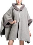 Flygo Women's Luxury Batwing Sleeve Faux Fur Hooded Cloak Poncho Sweater Cape Outwear, Grey, One Size