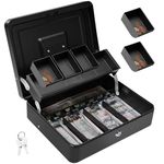 Polspag Cash Box with Lock and 2 Keys, Metal Money Box with Cash Tray, Portable Lock Safe Box, 4 Bill/5 Coin Slots, Large Cash Boxes with Money Tray for Small Business 11.8 x 9.5 x 3.5 Inch, Black