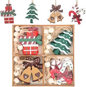 Belle Vous Lot de 24 Ornements de Décoration de Noël en Bois - Decoration pour Sapin de Noel - Kit de Deco en Différentes Couleurs - Décorations Arbre et Cadeaux de Noel