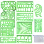 11 Pieces Geometric Drawings Templates Stencils Plastic Measuring Template Rulers Clear Green Shape Template for Drawing Engineering Drafting Building School Office Supplies