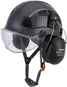 UNINOVA Hard Hat Ear Protection and Visor ANSI Z89.1 Vented ABS Forestry Arborist Tree Climbing Construction Helmet Ear Protection(Black Graphite Pattern with Clear Visor+Earmuffs)