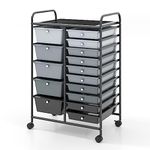 COSTWAY 15 Drawers Storage Trolley, Home Office Stationary Rolling Cart with 4 Wheels, Multipurpose Mobile Organiser Shelving Unit for Makeup Beauty Salon (Gradient Black with Black Frame)