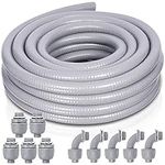 Liquid-Tight Conduit and Connector Kit - 1/2 Inch 25ft UL Certified Non Metallic Liquid Tight Electrical Conduit with 5 Straight and 3 Angle Fittings