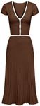 Tanming Women's Two Piece Skirt Set Casual Short Sleeve Crop Top Ribbed Knit Midi Pleated Skirt(Brown-S)