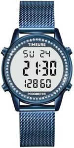 TIMEURE Women's Step Counter Pedometer Watch Crystal Stone, No App, No Charging Needed for Step, Calorie, Distance Tracking, Alarm, Countdown Timer, TU-2401 (Crystal Blue)