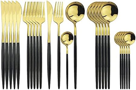 Uniturcky Gold Silverware Set, 24-Piece Stainless Steel Flatware Set Service for 6, Mirror Polished Black Handle Tableware Cutlery Set Knife Fork and Spoon for Home & Restaurant, Dishwasher Safe