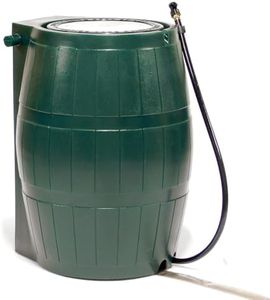 FCMP Outdoor Raincatcher 4000, Flat-Back Rain Water Barrel, 50-Gallon, Green - Rainwater Collection Storage Container w Side Spigots, Mesh Screen, Garden and Overflow Hose & Linking Kit