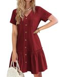 Hotouch Casual Dresses for Women Summer Cotton Dresses Button Down Shirt Dress Linen Short Sleeve Ruffle Dress, Burgundy S