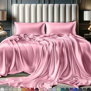 DECOLURE Satin Sheets Queen Size (4 Pieces, 8 Colors), Silky Satin Sheet Set -Satin Bed Set with 2 Pillowcase, Satin Fitted Sheet - Pink Satin Sheets, Satin Bed Sheets Queen Set, Satin Bedding Set