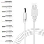 USB to DC 5V Power Cord, Universal DC 5.5x2.1mm Charging Cable with 9 Interchangeable Connectors Adapter for Moon Lamp, Massage Wand, Router, LED Light, Mini Fan, Speaker and More Devices (White)