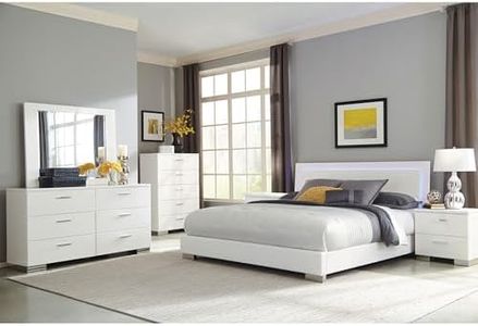 Star20XX Dulcey, California King Bedroom Set, White High Gloss Bed Frame, LED Headboard, 6 Piece Modern Bedroom Set with Nightstands, Dresser, Mirror and Chest, Leather Upholstery