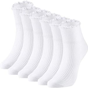 Women Ankle Socks Lace Ruffle Socks Solid Lettuce Edge Knit Socks, 6 Pair, White, One Size